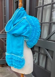 vtg BLUE Silk Chiffon neck WRAP SHAWL SCARF Pleated Velvet bow 72 x 17 statement - Picture 1 of 11