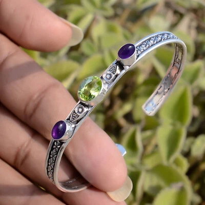 Peridot Cut, Amethyst Handmade Bracelet 925 Sterling Silver Cuff Bangle Jewelry - Image 1 of 4