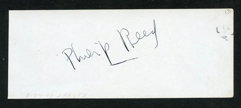 Phillip Reed d1996 signed 2x5 cut autograph on 8-24-47 at La Rue's Restaurant LA Cover