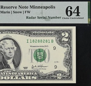 2003 $2 Federal Reserve Note PMG 64 -  Fancy Radar Serial Number 18288281 - Picture 1 of 3