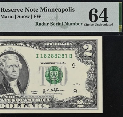 2003 $2 Federal Reserve Note PMG 64 -  Fancy Radar Serial Number 18288281 - Image 1 of 3