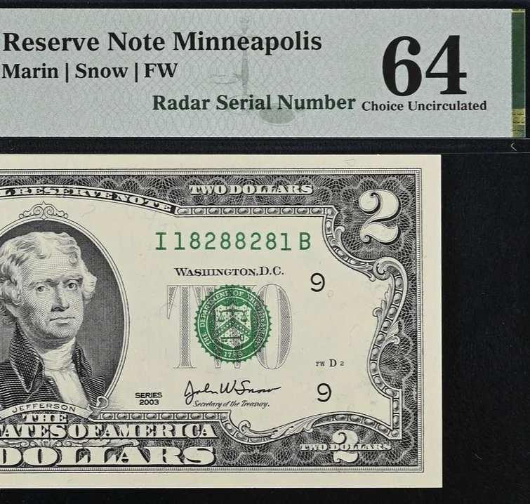 2003 $2 Federal Reserve Note PMG 64 -  Fancy Radar Serial Number 18288281 - Image 1 of 3