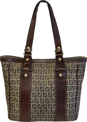 正品 Fendi 复古皮革 Trimmed Zucchino 手提包 棕色 S — 第 1/4 张图片