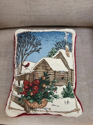 Vintage Christmas Winter Country Home Scene Tapestry  Throw Pillow - Image 1 of 4