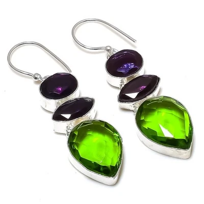 Handgefertigte 925 Sterling Silber Ohrringe aus Peridot und Amethyst 2,13" - Bild 1 von 4