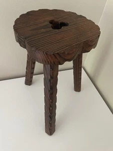 Vintage Hand Carved Solid Wood Brutalist Stool Seat Milking Stool Side Table - Picture 1 of 16