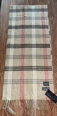 Bufanda para mujer Cejón color tostado a cuadros 100 % acrílico flecos hecha en Italia roja crema 64x11" Foto 1 de 4