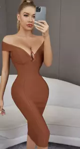 NEW! DESIGNER COUTURE COPPER BROWN BANDAGE DRESS BARDOT OFF SHOULDER BUST DETAIL - Picture 1 of 13