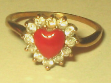 14K On Sterling Silver CZ's Halo Natural Coral Heart Ring 2.2g Sz 8.5