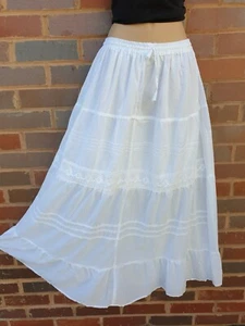 Cotton Boho Maxi Skirt Lace Summer Lined Hippie WHITE One Size 8 10 12 14 16 18 - Picture 1 of 9