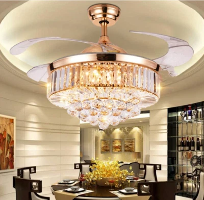 42" Retractable Ceiling Fans Luxury Crystal LED Chandelier with Light Remote - Image 1 of 4