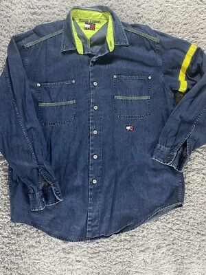 Camisa Tommy Hilfiger De Colección Para Hombre Grande Azul Denim Doble Bolsillo Jean Reflectante Foto 1 de 4