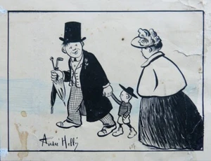 Dessin original de André HELLÉ (1871-1945) vers 1910 famille enfant - Picture 1 of 2