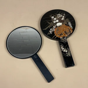 Espejo de mano oriental vintage chinoiserie madera negra maquillaje de mano ornamentado - Imagen 1 de 9