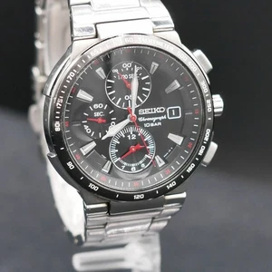 SEIKO 7T92-0CF0 Chronograph Black Quartz Watch 100m Steel Men's Very Good - Picture 1 of 10
