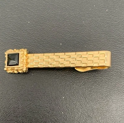 Clip de corbata vintage Swank estilo Art Deco tono dorado textura piedra negra firmado Foto 1 de 4