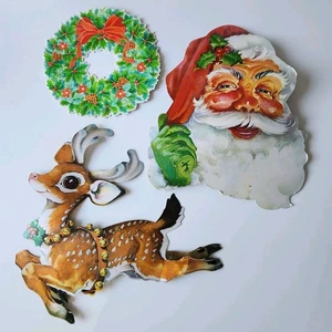1960s Reindeer Santa Wreath Christmas Die Cut Paper Cardboard Wall Hanging Decor - Bild 1 von 13