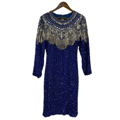 Hermoso Vestido Vintage con Flecos con Cuentas Azul Plata Fiesta Pesado Foto 1 de 4