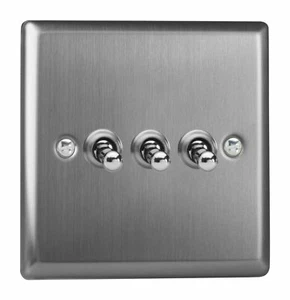 Varilight XTT3 Classic Brushed Steel 3 Gang 10A 1 or 2 Way Toggle Light Switch - Picture 1 of 1