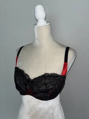 Victorias Secret Very Sexy Balconet Bra Unlined Black Lace Red Satin Trim 38DD - Image 1 of 4