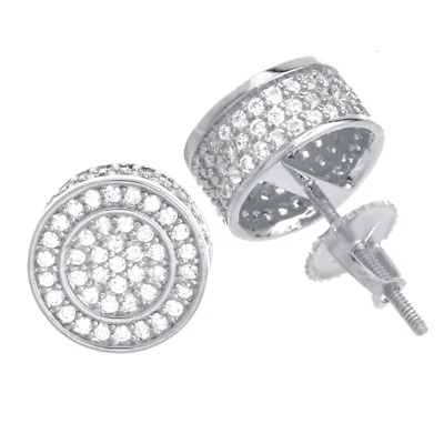 Men's Iced Silver Plated Micro Pave 10 mm 3D Round Screw Back Earrings BE 038 S - Image 1 of 4