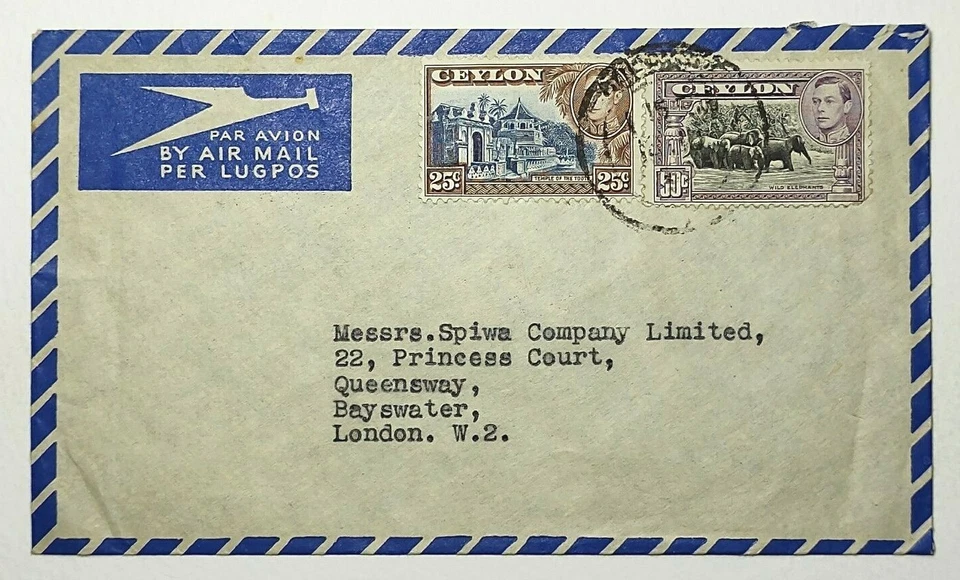 Cubierta de correo aéreo Colombo Ceilán 1938 #286 elefantes salvajes #284 Templo del Diente Foto 1 de 2