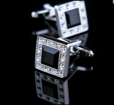 Camisa gemelos para hombre 3 quilates Princess Lab creada con diamantes negros enchapados en oro blanco de 14 quilates Foto 1 de 4