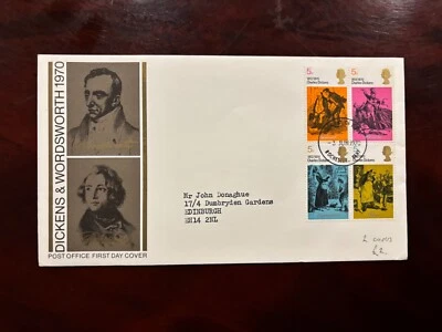 United Kingdom 1970 - Dickens, Wordsworth FDC x 2 stamps set Kent + Cumberland - Image 1 of 2