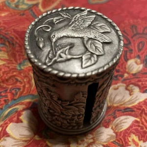 Vtg Embossed Pewter Hummingbird Flowers Stamp Roll Holder Dispenser M.T. great - Picture 1 of 8