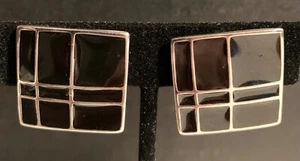 Black & Silver Enamel Retro Geometric Clip-On Earrings Square Vintage - Picture 1 of 13
