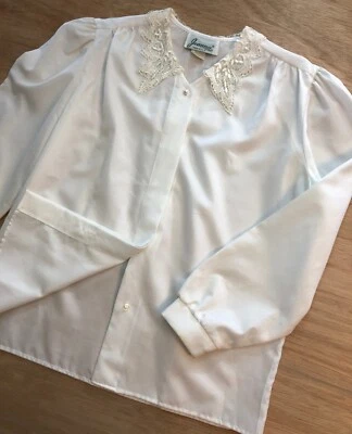 Blusa De Colección JOANNA Blanca Botón Talla 10 Crochet Encaje Cuello Largo Slv Hecha en EE. UU. Foto 1 de 4