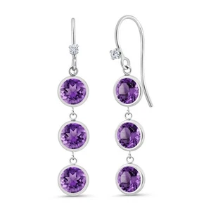 925 Sterling Silver Amethyst and White Moissanite 3 Stone Earrings For Women - Picture 1 of 2