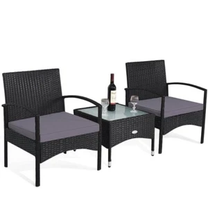 3 Pcs Patio Outdoor Wicker Rattan Furniture Set Lawn Backyard with Cushion Gray - Picture 1 of 11