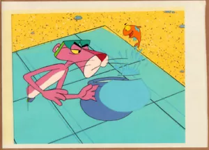 Celda de animación original de pantera rosa con dibujos a lápiz y peces de fondo - Imagen 1 de 2