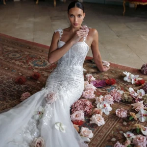 White Embroidery Mermaid Wedding Dresses Ball Gown Spaghetti Straps Bridal Gowns - Picture 1 of 9