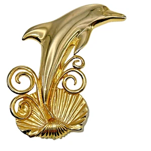 JJ Jonette Brooch Leaping Dolphin on Conch Seashell Gold Tone Pin - Picture 1 of 5