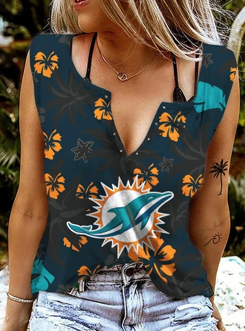 Miami Dolphins Womens V-neck Vest Ring Hole Tank Tops Summer Sleeveless T-shirts Cover