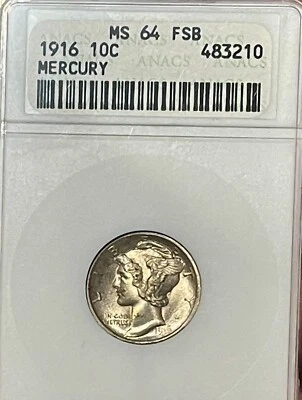 1916 Mercury Dime ANACS MS64 FSB Full Bands (#210) Old Holder - Image 1 of 2