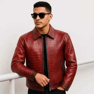 Men’s Red Crocodile Pattern Genuine Leather Jacket Alligator Print Textured Coat - Picture 1 of 11