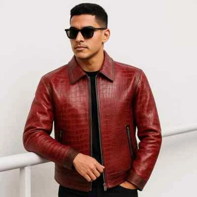 Men’s Red Crocodile Pattern Genuine Leather Jacket Alligator Print Textured Coat - Image 1 of 4