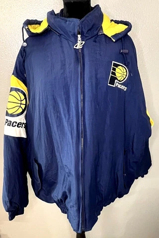 Vintage 1990s Indiana Pacers Logo Athletic Full Zip Puffer Jacket Coat Size XL Cover