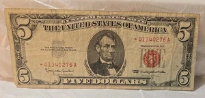 Serie 1963 5 Dollar Schein Red Seal STAR* *01340276A US Papiergeld - Bild 1 von 6