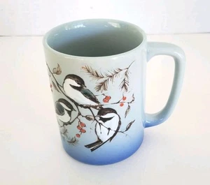 Vintage Otagiri Coffee Cup Mug Made In Japan Chickadees And Berries Ombre Blue - Picture 1 of 8