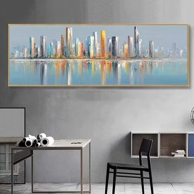 Vista panorámica de vibrante paisaje urbano abstracto lienzo impresión arte de pared decoración del hogar Foto 1 de 4