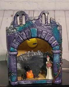 Vintage 1988 Spukhaus Keramik beleuchtet Friedhof Skelett Braut schwarze Katze - Bild 1 von 15