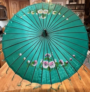 Vintage Oriental Silk & Bamboo Asian Parasol Umbrella Hand Painted 26” - Picture 1 of 12