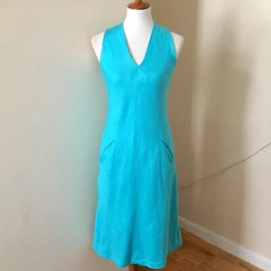 Pauline Trigere Turquoise Midi Dress Vintage Linen Silk Vtg 70s Sleeveless - Picture 1 of 9