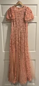 Vestido ELIE SAAB Papaya Rosa Lentejuela Cuentas Embellecido Mangas Cortas Alterado Talla 38 - Imagen 1 de 6