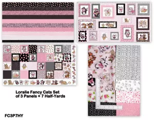 Loralie Designs Fancy Cat Fabric Cotton 7 Half-Yard Cuts + 3 Panels Hard To Find - Picture 1 of 5