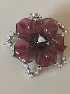Nolan Miller 90s Silver Tone Lucite magenta purple rhinestone flower pin brooch - Picture 1 of 7